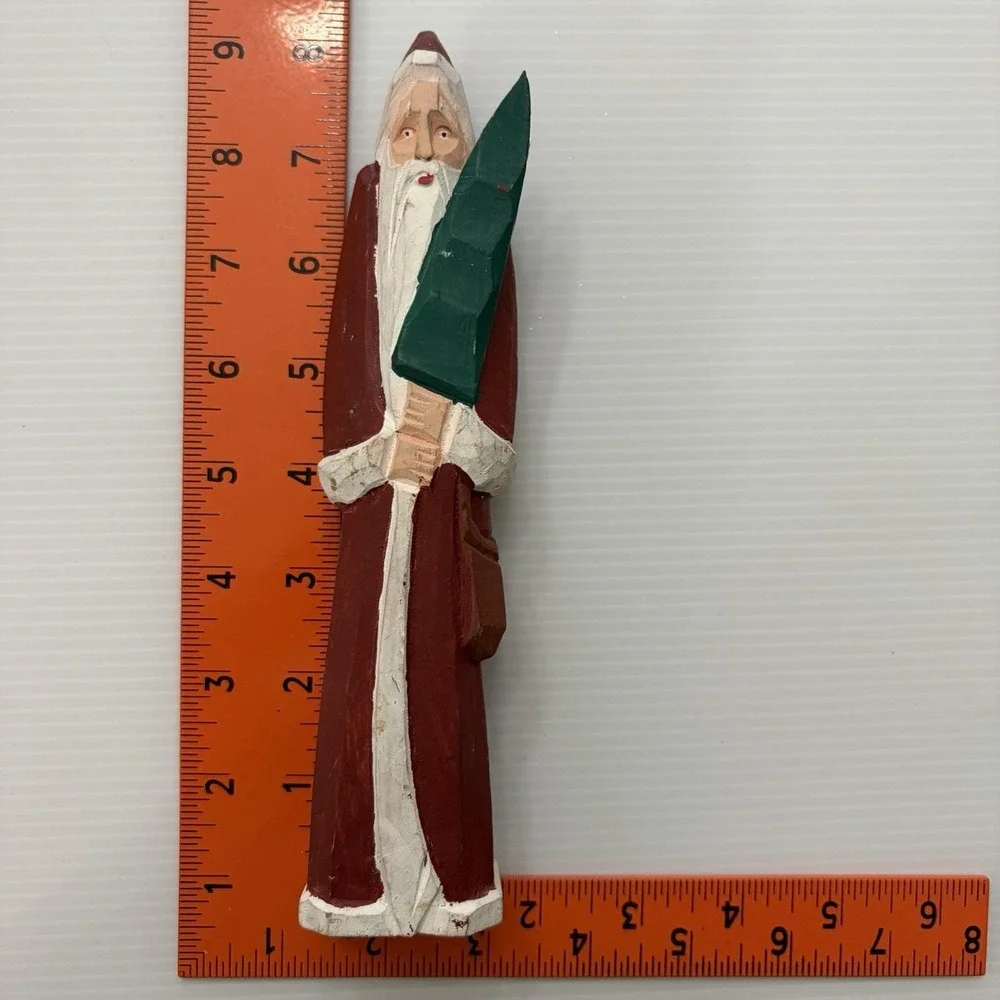 Folk Art Hand Carved Wood Santa Claus Holding Christmas Tree Primitive Rustic